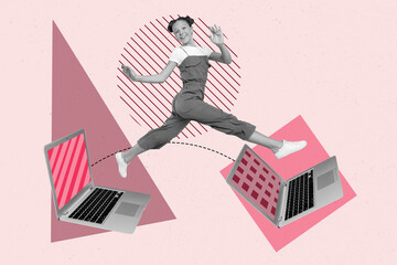 Poster - Composite collage picture of excited happy girl black white gamma jumping between netbook displays isolated on painted background