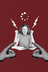 Poster - Vertical collage picture of arms fingers showing unsatisfied fury girl black white gamma painted lightning loading above head