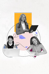 Poster - Vertical poster collage of school girls teacher study wear glasses uniform isolated on drawing white color background