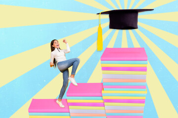 Poster - Collage picture of delighted excited small girl climb book stairs reach mortarboard hat celebrate accomplishment isolated on creative background