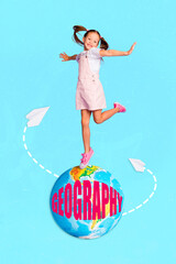 Poster - Vertical collage picture of excited crazy girl stand planet earth globe geography text flying paper planes isolated on blue background