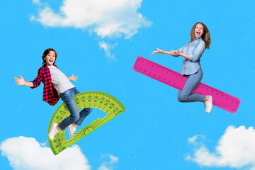 Poster - Composite collage picture of two excited small kids sit protractor ruler flight clouds sky isolated on creative background