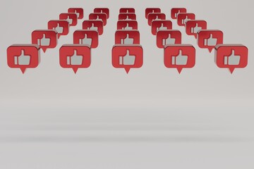 Poster - abstract background. likes on social media. patterns of red icons with likes, thumbs up standing in rows on a white background. copy paste, copy space. 3d render. 3d illustration
