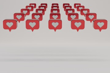 Poster - abstract background. likes on social media. patterns of red icons with hearts on a white background. copy paste, copy space. 3d render. 3d illustration