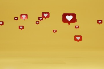 Poster - abstract background. likes on social networks on comments, photos and videos. patterns of red icons with hearts flying over a yellow background. copy paste. 3d render. 3d illustration