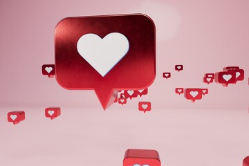 Poster - abstract background. likes on social media. patterns of red icons with hearts flying over a pink background. 3d render. 3d illustration