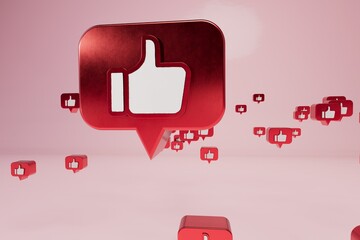 Poster - abstract background. likes on social media. patterns of red icons with likes flying on a pink pastel background. 3d render. 3d illustration