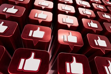 Poster - abstract background. social media likes on comments, videos and photos. patterns of illuminated red icons with likes, thumbs up. 3d render. 3d illustration