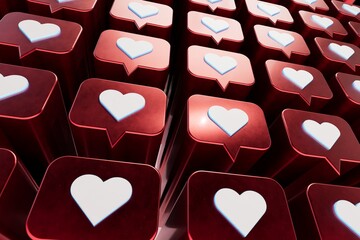 Poster - abstract background consisting of patterns of illuminated red icons with hearts. likes on social networks on comments, photos and videos. 3d render. 3d illustration