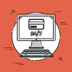 Sticker - Online banking services 24/7 - Credit card - Vector flat icon