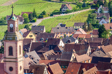 Wall Mural - Riquewihr alsatian architecture at springtime with vineyards, Eastern France