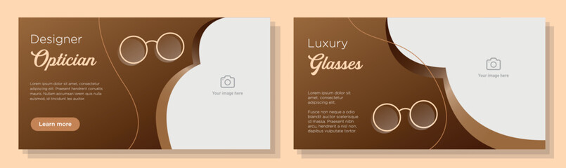 Luxe optician banner template set, glasses store advertisement sign, optical shop horizontal ad, designer frames content marketing post, creative brochure, isolated on background