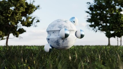 Halved globes rolling on surface of levitating marble ball over green grass. 3d animation loop
