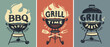 BBQ time, grill party retro poster set. Summer barbecue picnic. Cookout grilled food vector illustration