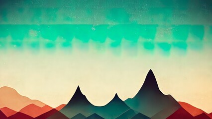 Poster - Mountains, flat 2d, minimal vintage wallpaper. 4k backgrounds of mountain, sky and hills. Colorful pastel colors. Cartoon design. Minimal, geometric trendy backdrop.