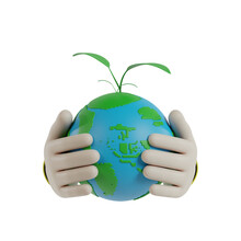 3D Hand Hold Earth With Tree. Save Our Planet Or Earth Day Campaign Promotion