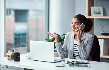 Aufkleber - Business woman talking on phone call, networking and discussing a strategy while sitting at a desk alone at work. One happy corporate female professional making conversation while working in office