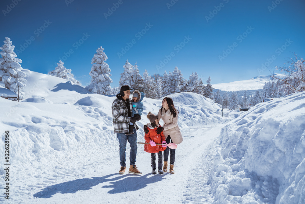 family walking together in winter with beautiful snow all over the ...