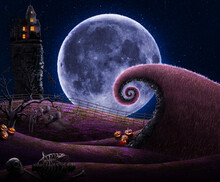 Halloween Scary Design Background , Pumpkins On Spooky Hills With The Moon , Horror Theme Photomanipulation 3d Illustration.