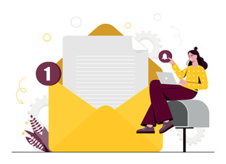 Poster - new message concept. woman sits next to envelope, worker conducts business correspondence, clears e 