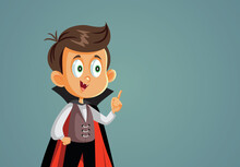 Little Vampire Boy Explaining Vector Cartoon Illustration. Boy Wearing Funny Costume Pointing Finger At Copy Space
