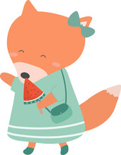 Cartoon Fox Eating Watermelon Illustration