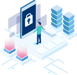 People working and use technology computer isometric