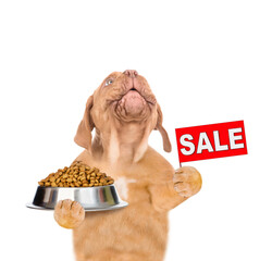 Poster - Mastiff puppy holding bowl of dry dog food and sales symbol and looking up. isolated on white background