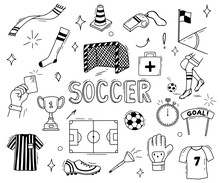 Vector Hand Drawn Doodles Cartoon Set Of Football Stuff. Soccer Illustrations Isolated On White
