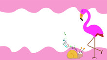 Cartoon Flamingo And Snail On Banner Dripping Wave Pink. There Is White Space For The Text.