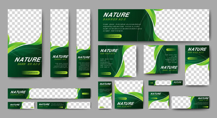 nature banner design web template set, horizontal header web banner. modern gradient green cover hea