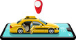Cartoon taxi cab with pin on mobile phone