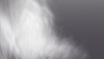 Poster - Translucent smoke or foggy cloud isolated on a transparent background. Abstract smoke texture explosion, smog fog effect. Realistic vector illustration.