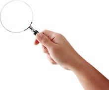 Hand Holding Magnifying Glass Isolated, Clipping Paths For Design Work Empty Free Space Mock Up