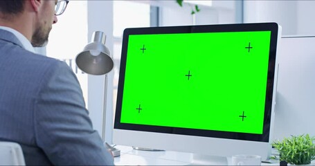 Aufkleber - Greens creen, copyspace and chromakey on a computer screen with tracking markers and a business man working. Copy space for advertising, marketing and promotion with a corporate professional typing