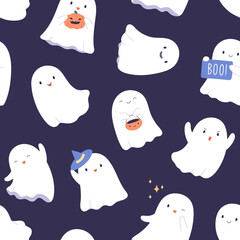Poster - Seamless Halloween pattern with cute baby ghosts. Endless background, texture design with happy funny childish phantoms, spirits, repeating print. Colored flat graphic vector illustration for textile