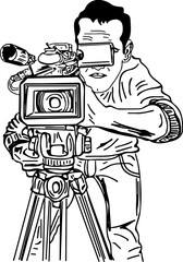 Wall Mural - TV Journalist video cameraman r Pictures, Images and Stock Photos, Sketch drawing of video graphy holding gimbal camera stand, line art silhouette of cinematographer