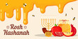 flat rosh hashanah background illustration with melted honey, fruits, and bee