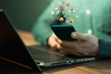 Poster - Man hand using smartphone typing live chat chatting on application communication digital web and social network concept. Social media application chat box.