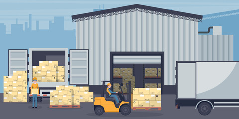 Wall Mural - Industrial warehouse for the storage of products with racks with stacked boxes. Worker driving forklift loading pallets a refrigerator truck. Industrial storage and distribution of products