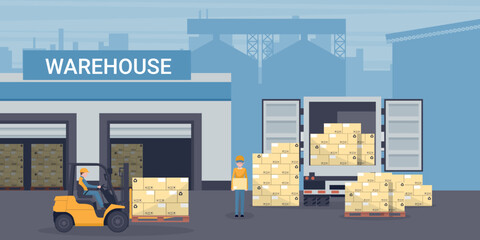 Wall Mural - Industrial warehouse for the storage of products with racks with stacked boxes. Worker driving forklift loading pallets a refrigerator truck. Industrial storage and distribution of products