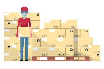 Wall Mural - Worker loading a box from a pallet with boxes stacked in warehouse for delivery. Industrial storage and distribution of products.