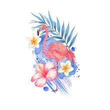 Watercolor Tropical Postcard With Pink Flamingo, Tropical Flowers And Blue Watercolor Spots.Hand-painted Birds, Foliage And Flowers Stand Out Against A White Background.Floral Illustrations For Design