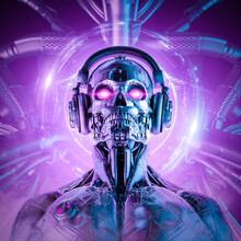 Techno Music Robot Intelligence - 3D Illustration Of Science Fiction Cyberpunk Skull Faced Cyborg With Headphones