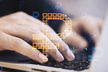 Leinwandbilder - Close up of hands using laptop on desktop with creative glowing Russian ruble hologram on blurry background. Digital money and online banking concept. Double exposure.