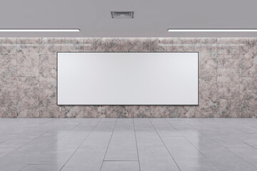 Poster - Creative marble underground hallway interior with empty mock up billboard on wall. Passage concept. 3D Rendering.