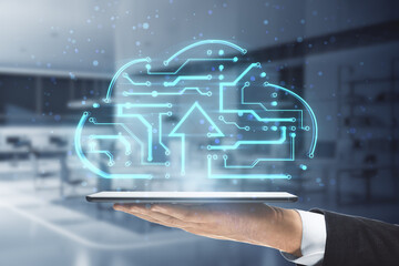 Poster - Close up of male hands holding tablet with abstract glowing circuit cloud hologram on blurry office interior background. Big data and technology concept. Double exposure.