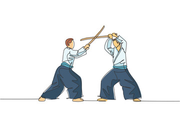 Poster - One continuous line drawing of young man aikido fighter practice using wooden sword at dojo training center. Martial art combative sport concept. Dynamic single line draw design vector illustration