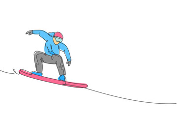 Poster - Single continuous line drawing of young sportive snowboarder man riding snowboard at mountain. Outdoor extreme sport. Winter season vacation concept. Trendy one line draw design vector illustration