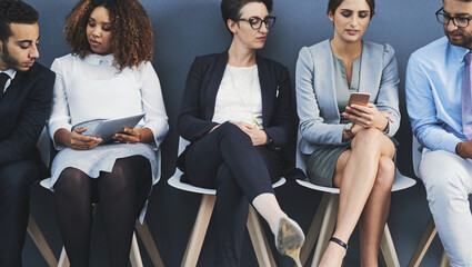 Poster - business people waiting in line and sharing information with technology. professionals sitting in a 